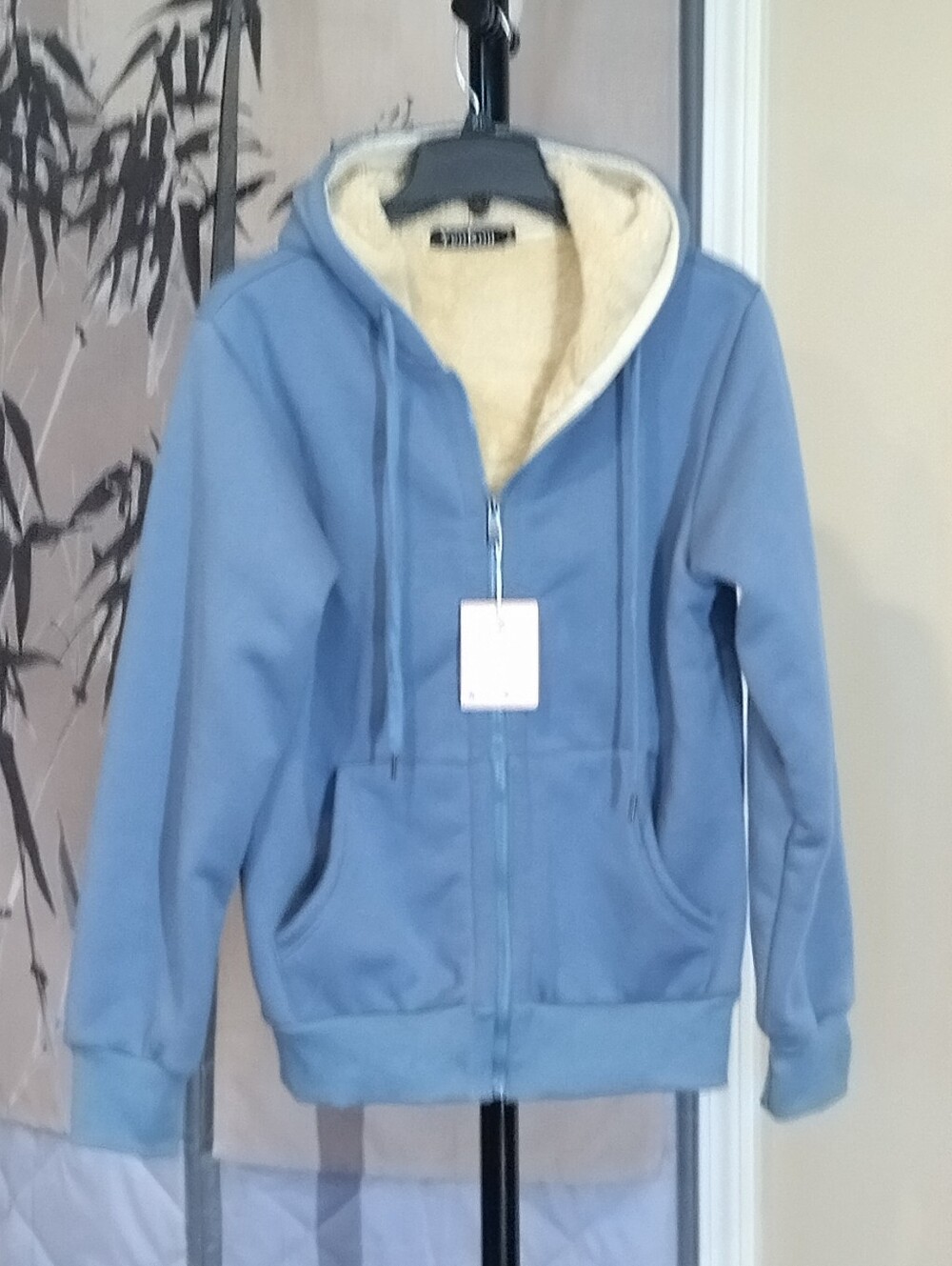 YeoKou 100% Cotton Faux Fur Fleece Lined Full Zip Hoodie Jacket Blue M Nwt